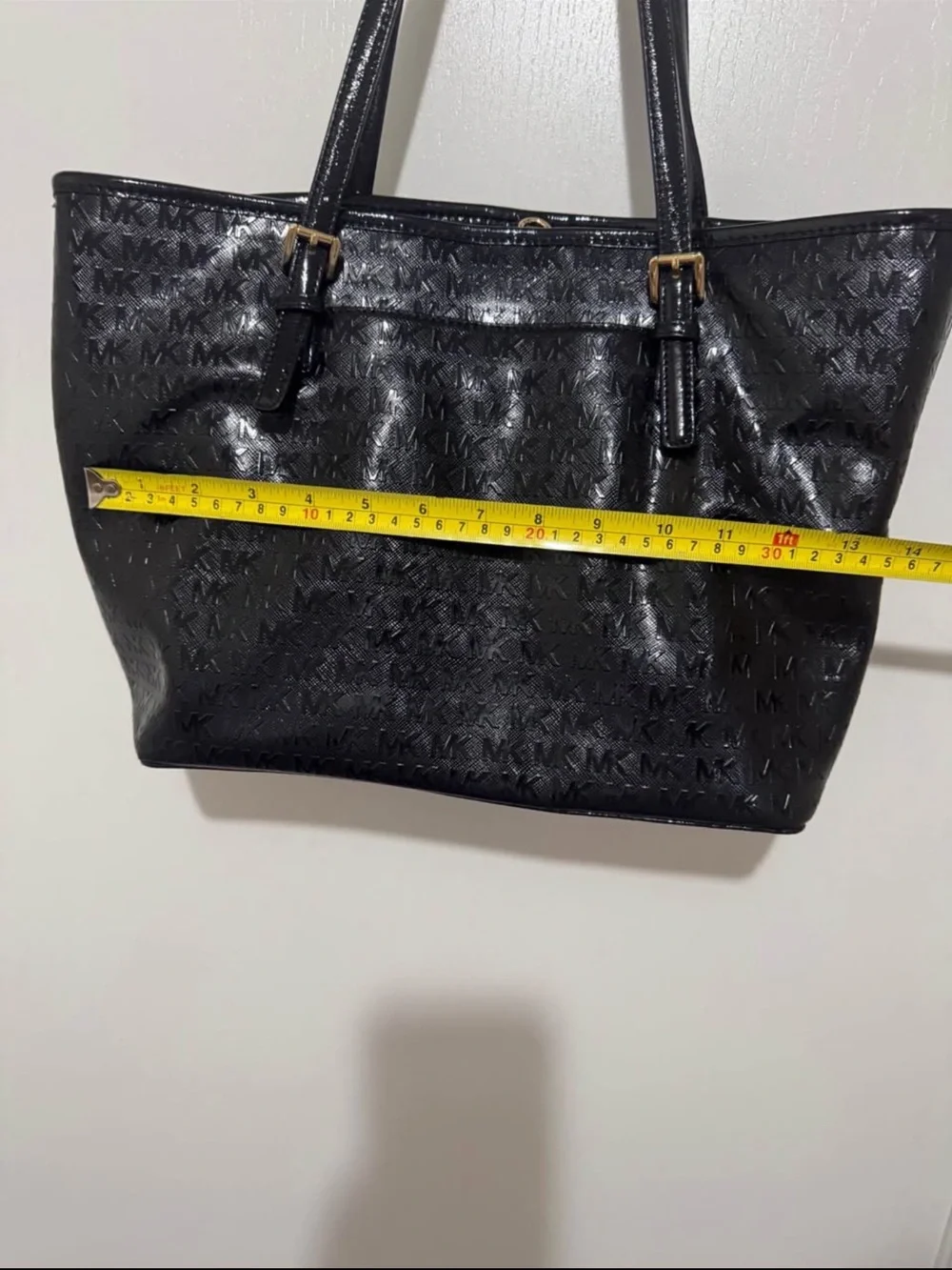 Michael Kors Black Embossed MK Patent Tote with Gold Hardware
